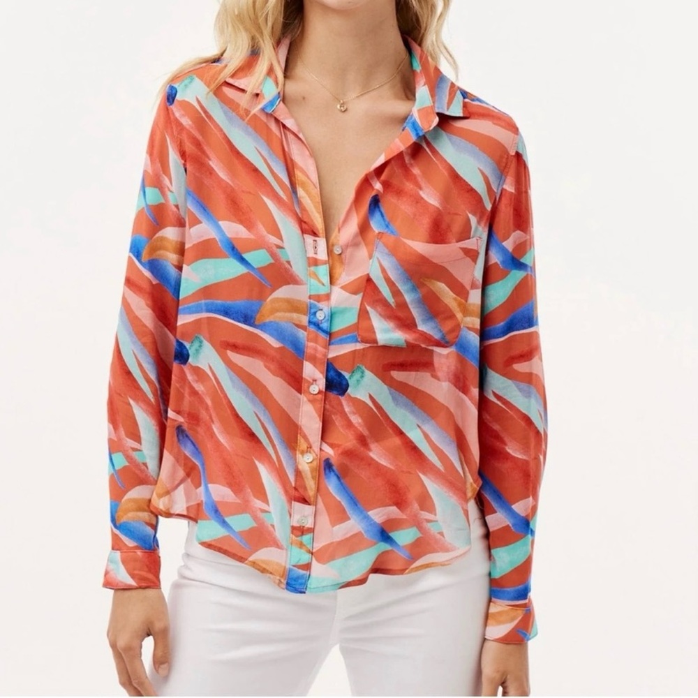 Bella Dahl Red & Blue Paradiso Abstract Button Down Shirt Silky Rayon Women’s XS